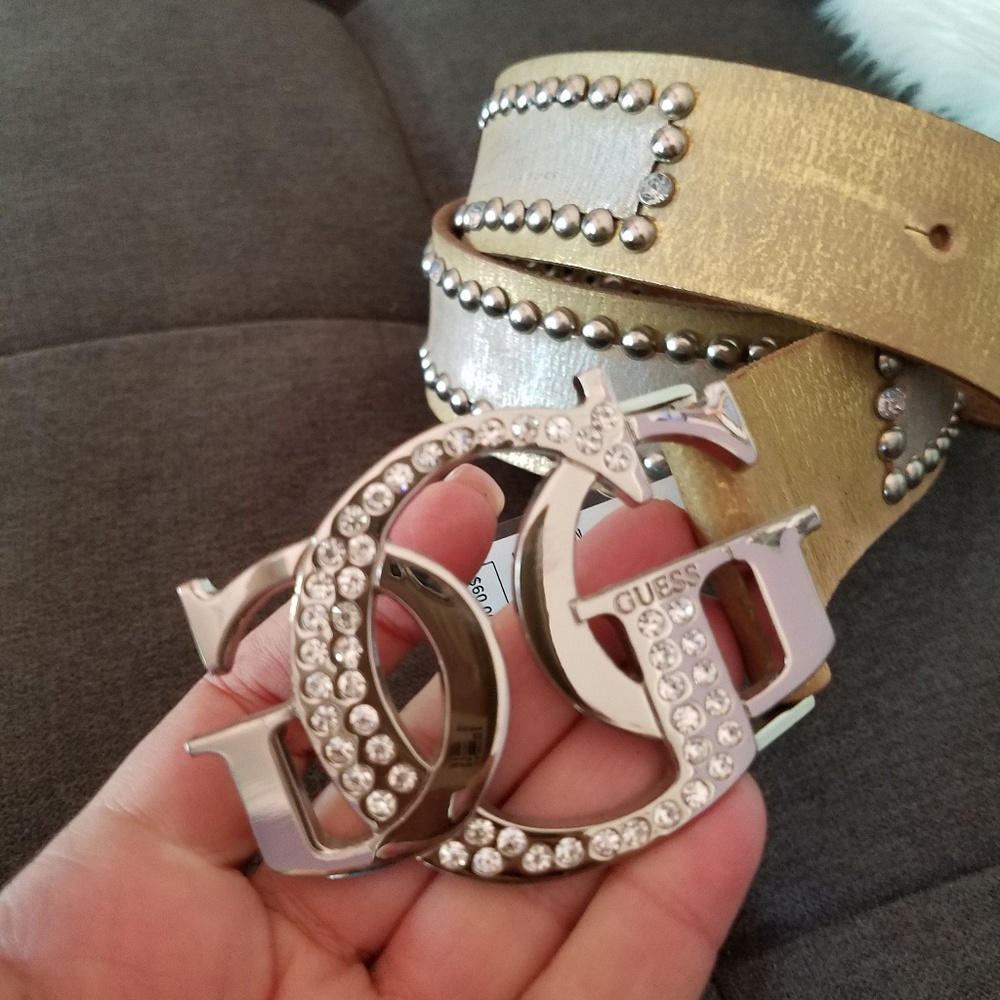 Guess Genuine Leather Gold & Silver Metallic Studded belt NEW